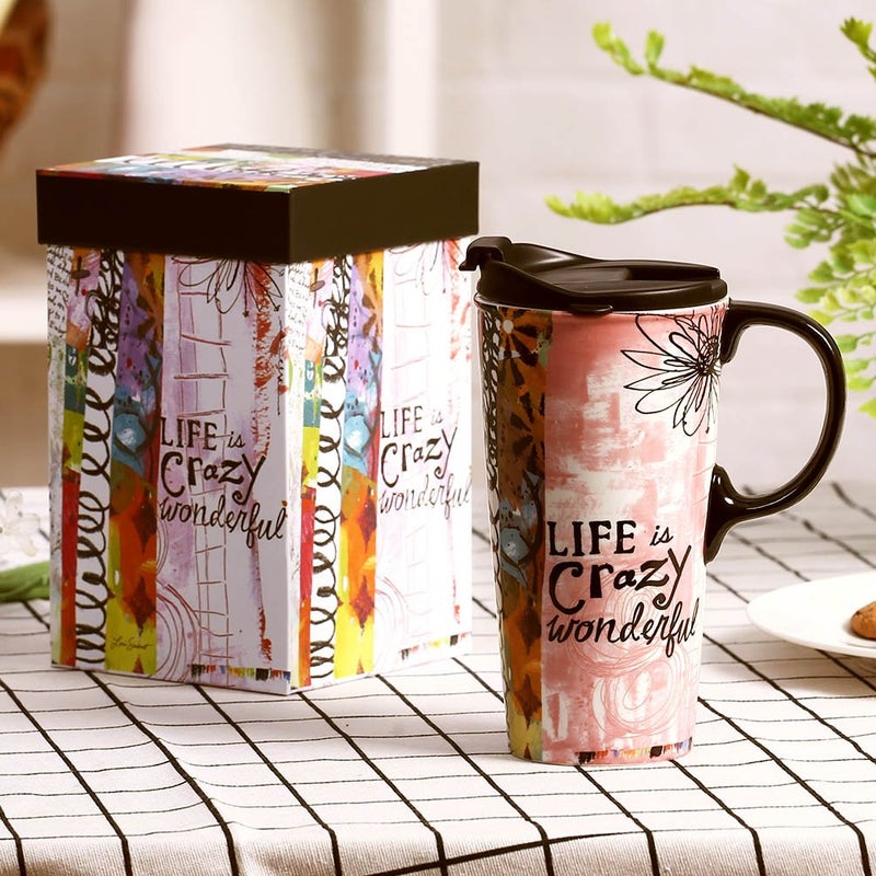 Topadorn Christmas Ceramic Travel Mug with Sealed Lid Coffee Cup Latte Mug for Home and Office Gift Box (Life is crazy wonderful) - Image 2